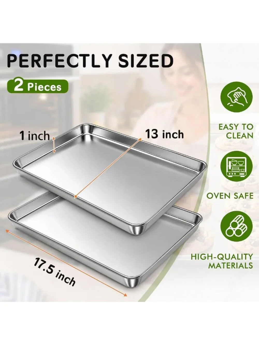 Stainless Steel Baking Sheet Pan Set of 2 - Nonstick, Heavy Duty, 18x13 Inch
